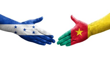 Kamerun ve Honduras bayrakları arasında el sıkışma, izole şeffaf görüntü.