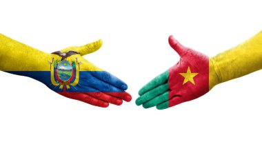Kamerun ve Ekvador bayrakları arasındaki el sıkışma ellerinde izole şeffaf görüntü.