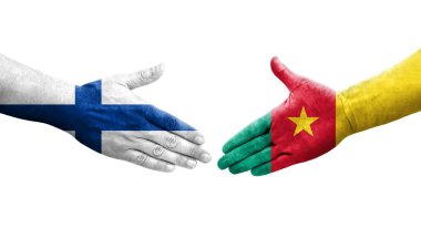 Kamerun ve Finlandiya bayrakları arasındaki el sıkışma, izole edilmiş şeffaf görüntü.