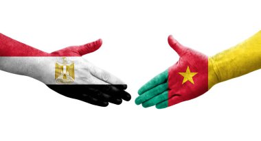 Kamerun ve Mısır bayrakları arasında el sıkışma, izole edilmiş şeffaf görüntü.