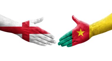 Kamerun ve İngiltere bayrakları arasında el sıkışma, izole edilmiş şeffaf görüntü.