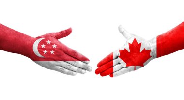 Kanada ve Singapur bayrakları arasındaki el sıkışma ellere boyanmış, izole şeffaf görüntü.