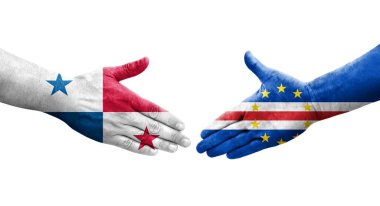 Cape Verde ve Panama bayrakları arasında el sıkışma ellere boyanmış, izole şeffaf görüntü.