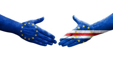 Cape Verde ile Avrupa Birliği bayrakları arasındaki el sıkışma, izole şeffaf görüntü.