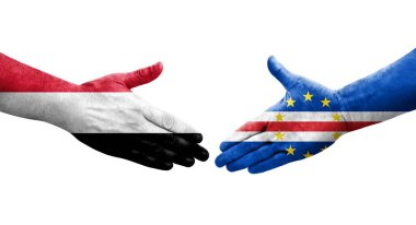 Cape Verde ve Yemen bayrakları arasındaki el sıkışma, izole şeffaf görüntü.