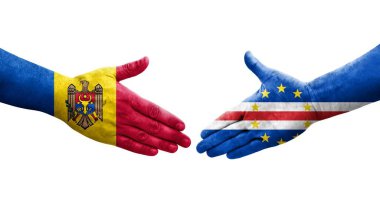 Cape Verde ile Moldova bayrakları arasındaki el sıkışma, izole şeffaf görüntü.