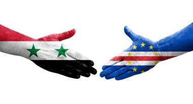 Cape Verde ile Suriye bayrakları arasında el sıkışma, izole şeffaf görüntü.