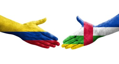 Orta Afrika Cumhuriyeti ile Kolombiya bayrakları arasındaki el sıkışma, izole şeffaf görüntü.