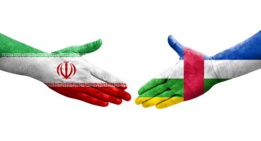 Orta Afrika Cumhuriyeti ve İran bayrakları arasındaki el sıkışma, izole şeffaf görüntü.