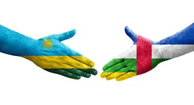 Orta Afrika Cumhuriyeti ile Ruanda bayrakları arasındaki el sıkışma, izole şeffaf görüntü.