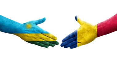 Chad ve Ruanda bayrakları arasındaki el sıkışma ellerinde resmedilmiş şeffaf bir görüntü.