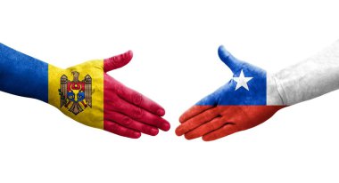 Ellerinde Şili ve Moldova bayrakları arasında el sıkışma, izole şeffaf görüntü.