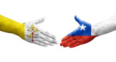 Şili ve Kutsal Bakış arasındaki el sıkışma ellerinde bayraklar, yalıtılmış şeffaf görüntü.