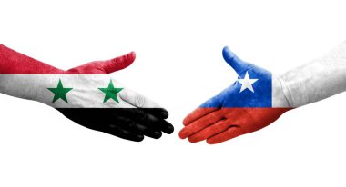 Ellerinde Şili ve Suriye bayrakları arasında el sıkışma, izole şeffaf görüntü.