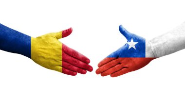 Şili ve Romanya bayrakları arasındaki el sıkışma el yazısı, izole edilmiş şeffaf görüntü.
