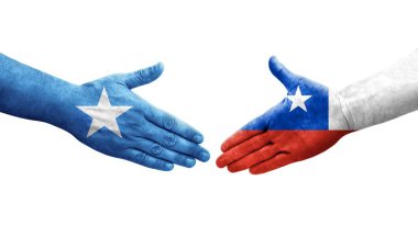 Şili ve Somali bayrakları arasındaki el sıkışma ellerinde resmedilmiş şeffaf görüntü.
