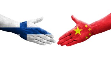 Çin ve Finlandiya bayrakları arasında el sıkışma, izole şeffaf görüntü.