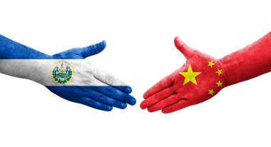 Çin ve El Salvador bayrakları arasında el sıkışma, izole şeffaf görüntü.