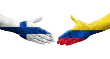 Kolombiya ve Finlandiya bayrakları arasındaki el sıkışma, izole edilmiş şeffaf görüntü.