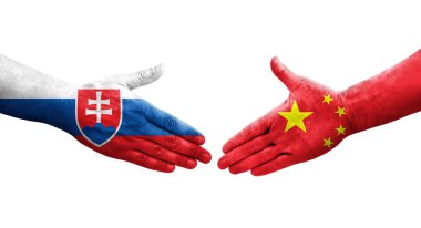 Çin ve Slovakya bayrakları arasında el sıkışma, izole şeffaf görüntü.