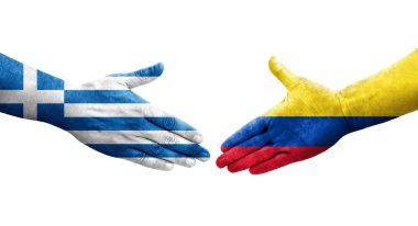 Ellerinde Kolombiya ve Yunanistan bayrakları arasında el sıkışma, izole şeffaf görüntü.