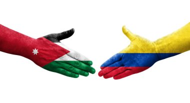 Ellerinde Kolombiya ve Ürdün bayrakları arasında el sıkışma, izole şeffaf görüntü.