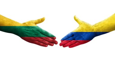 Kolombiya ve Litvanya bayrakları arasındaki el sıkışma ellerinde izole şeffaf görüntü.