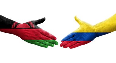 Kolombiya ve Malavi bayrakları arasındaki el sıkışma ellerinde izole şeffaf görüntü.