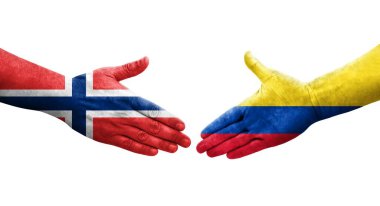 Ellerinde Kolombiya ve Norveç bayrakları arasında el sıkışma, izole şeffaf görüntü.