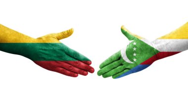 Comoros ve Litvanya bayrakları arasındaki el sıkışma ellerinde izole şeffaf görüntü.
