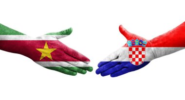 Hırvatistan ile Surinam bayrakları arasındaki el sıkışma, izole şeffaf görüntü.