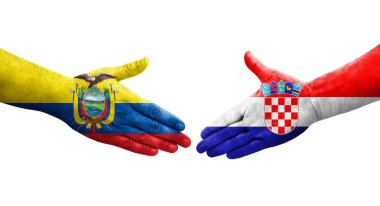 Hırvatistan ile Ekvador bayrakları arasındaki el sıkışma, izole edilmiş şeffaf görüntü.