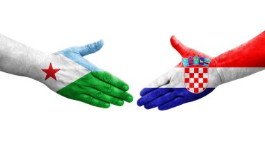 Hırvatistan ile Cibuti bayrakları arasındaki el sıkışma, el yazısı ve izole edilmiş şeffaf görüntü.