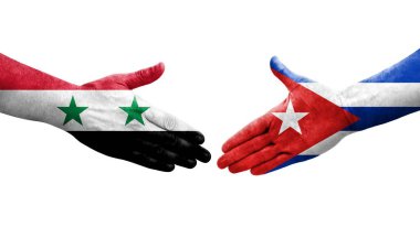 Küba ve Suriye bayrakları arasında el sıkışma, izole şeffaf görüntü.