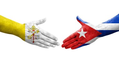 Küba ve Kutsal Bakış arasındaki el sıkışma ellerinde bayraklar, yalıtılmış şeffaf görüntü.