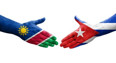 Küba ve Namibya bayrakları arasında el sıkışma, izole şeffaf görüntü.