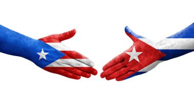 Küba ve Porto Riko bayrakları arasındaki el sıkışma ellerinde resmedilmiş şeffaf görüntü.