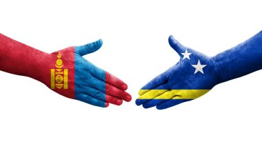 Curacao ve Moğolistan bayrakları arasındaki el sıkışma, izole şeffaf görüntü.
