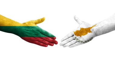 Kıbrıs Rum Kesimi ile Litvanya bayrakları arasındaki el sıkışma, izole edilmiş şeffaf görüntü.