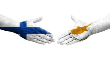 Kıbrıs Rum Kesimi ile Finlandiya bayrakları arasındaki el sıkışma, izole şeffaf görüntü.
