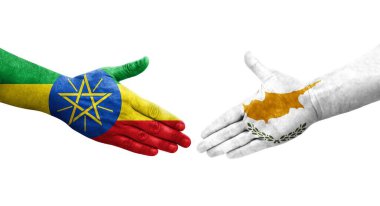 Kıbrıs Rum Kesimi ile Etiyopya bayrakları arasındaki el sıkışma, izole edilmiş şeffaf görüntü.