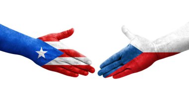 Çek ve Porto Riko bayrakları arasındaki el sıkışma ellerinde izole şeffaf görüntü.