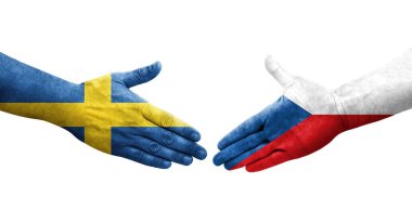 Çek ve İsveç bayrakları arasında el sıkışma, izole şeffaf görüntü.