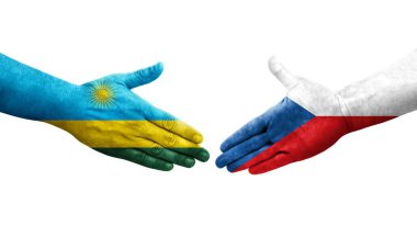 Çek ve Ruanda bayrakları arasındaki tokalaşma elleri boyalı, izole şeffaf görüntü.