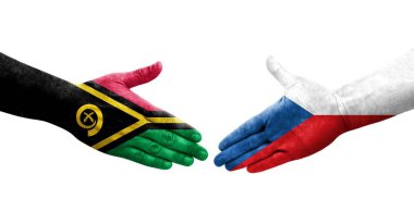 Çek ve Vanuatu bayrakları arasındaki tokalaşma ellerinde izole şeffaf görüntü.