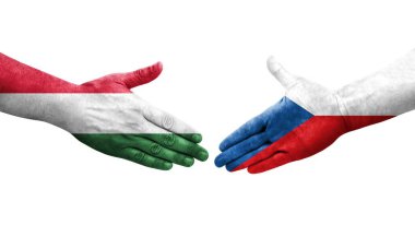 Çek ve Macaristan bayrakları arasında el sıkışma, izole şeffaf görüntü.