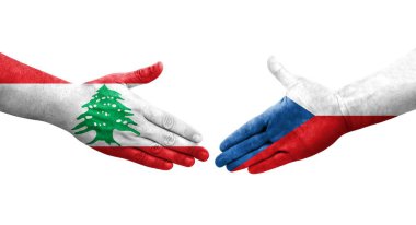 Çek ve Lübnan bayrakları arasındaki tokalaşma elleri boyalı, izole şeffaf görüntü.
