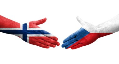 Çek ve Norveç bayrakları arasındaki tokalaşma elleri boyalı, izole şeffaf görüntü.
