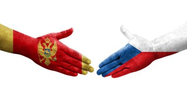 Çek ve Karadağ bayrakları arasında el sıkışma, izole şeffaf görüntü.