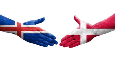 Danimarka ve İzlanda bayrakları arasında el sıkışma, izole edilmiş şeffaf görüntü.